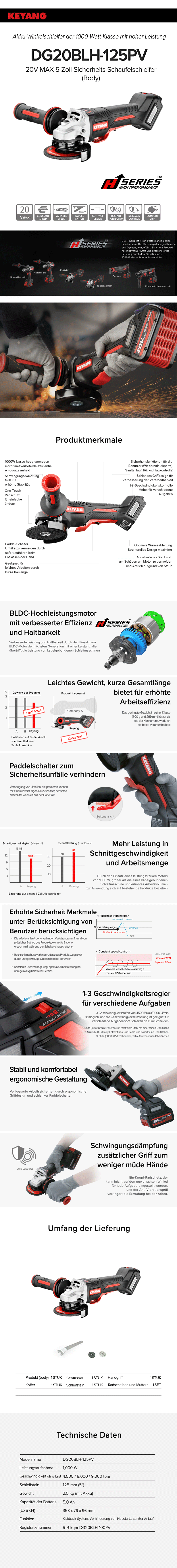 Keyang DG20BLH-125PV Akku-Winkelschleifer mit Paddleswitch 1000W - BODY