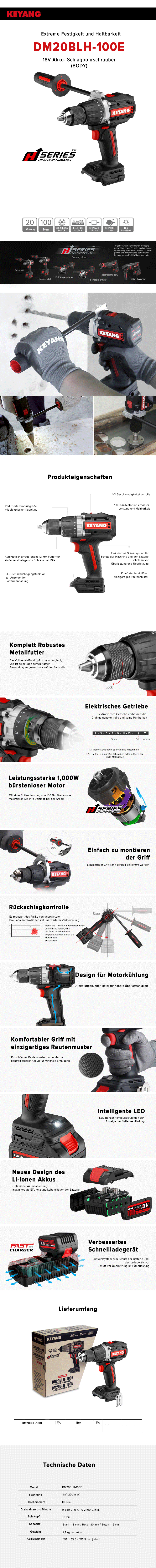 Keyang DM20BLH100E Akku-Schlagbohrmaschine/Schraubendreher 18V 5.0Ah - BODY