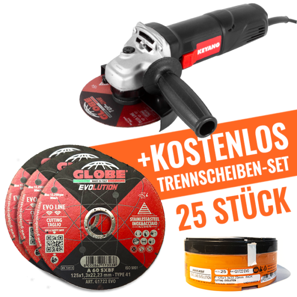 Keyang DG1102C Winkelschleifer 125 mm 1100W + Globe G1722-EVO Trennscheiben 125×1,3×22,2mm 25 Stück flach Keyang DG1102C Winkelschleifer 125 mm 1100W + Globe G1722-EVO Trennscheiben 125×1,3×22,2mm 25 Stück flach