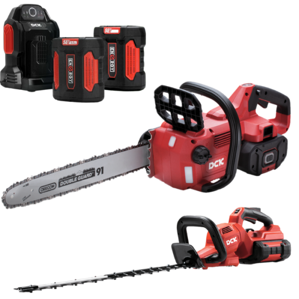 DCK Tools 58V Schnittpaket PRO – Akku-Kettensäge + Heckenschere mit 5.0Ah Akku